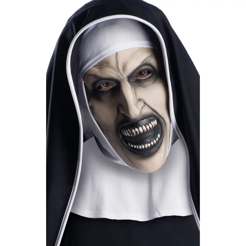 Halloween Nonnen Maske Schwarz Weiß | Gruselige Dämonenmaske mit Nonnenhaube, bleichem Gesicht und scharfen Zähnen für Horrorparty