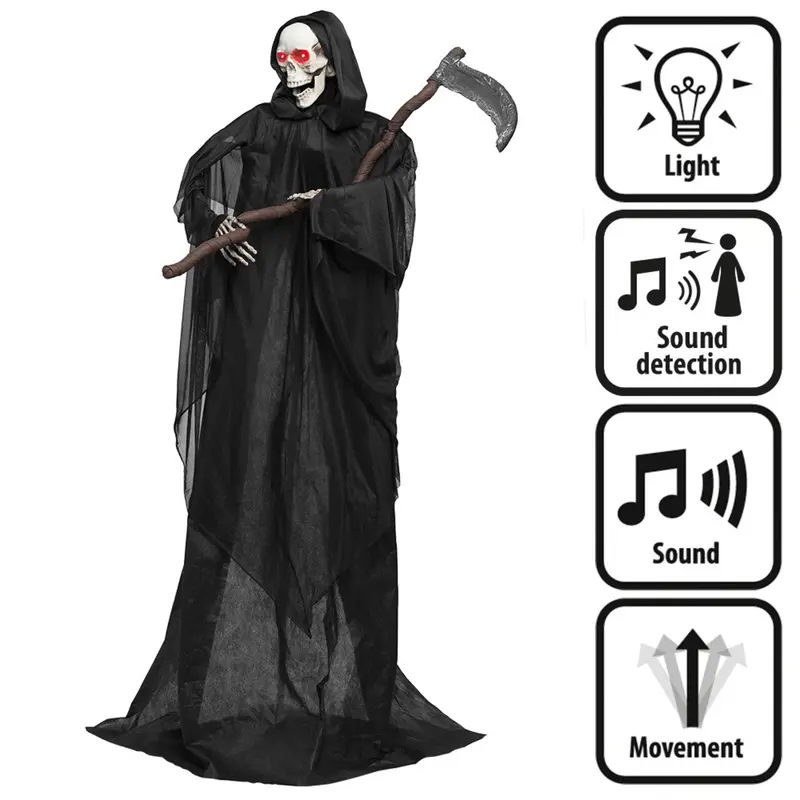 Halloween Sensenmann Deko stehend | Gruseliger Reaper mit Sense, Licht, Sound, Bewegung und Geräuscherkennung