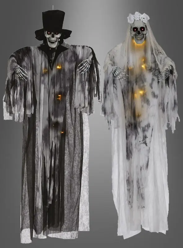 Halloween Skelett Braut oder Bräutigam 180 cm | Hängedeko mit roten Leuchtaugen, Lichterkette und beweglichen Armen