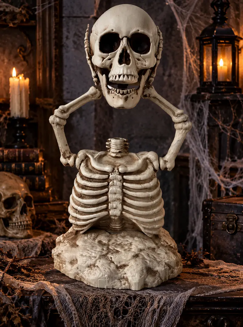 Halloween Skelett Deko 40 cm | Geköpfter Skelett-Torso mit beweglichem Kiefer für Friedhof, Garten und Halloween-Partys