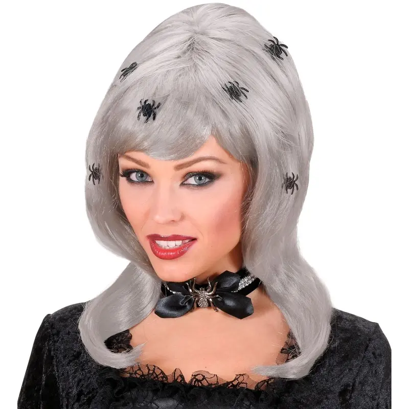 Halloween Spinnen Perücke Grau Schwarz | Gruselige Perücke mit Spinnen-Look für Hexen Kostüm, Horrorparty und Mottoparty