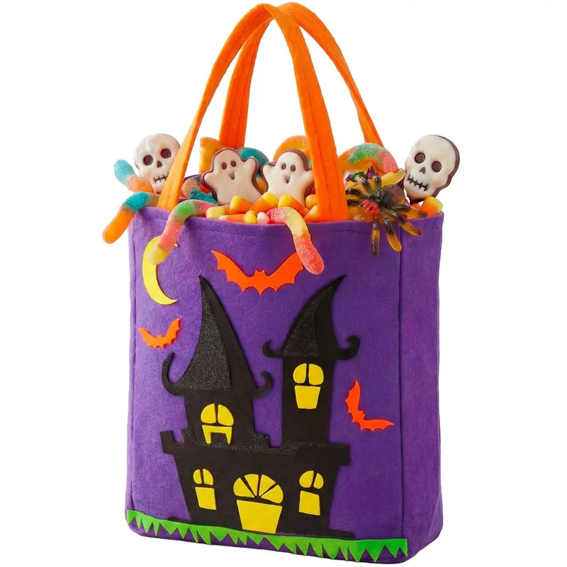 Halloween Süßigkeiten Tasche | Lila Trick-or-Treat Tasche mit Spukhaus-Motiv und orangefarbenen Henkeln für Kinder