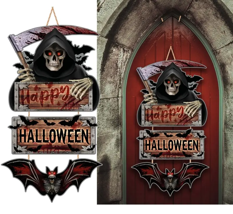Halloween Türschild Happy Halloween | 3er Set Schwarz Braun zum Aufhängen für Tür, Eingang und Halloween-Deko