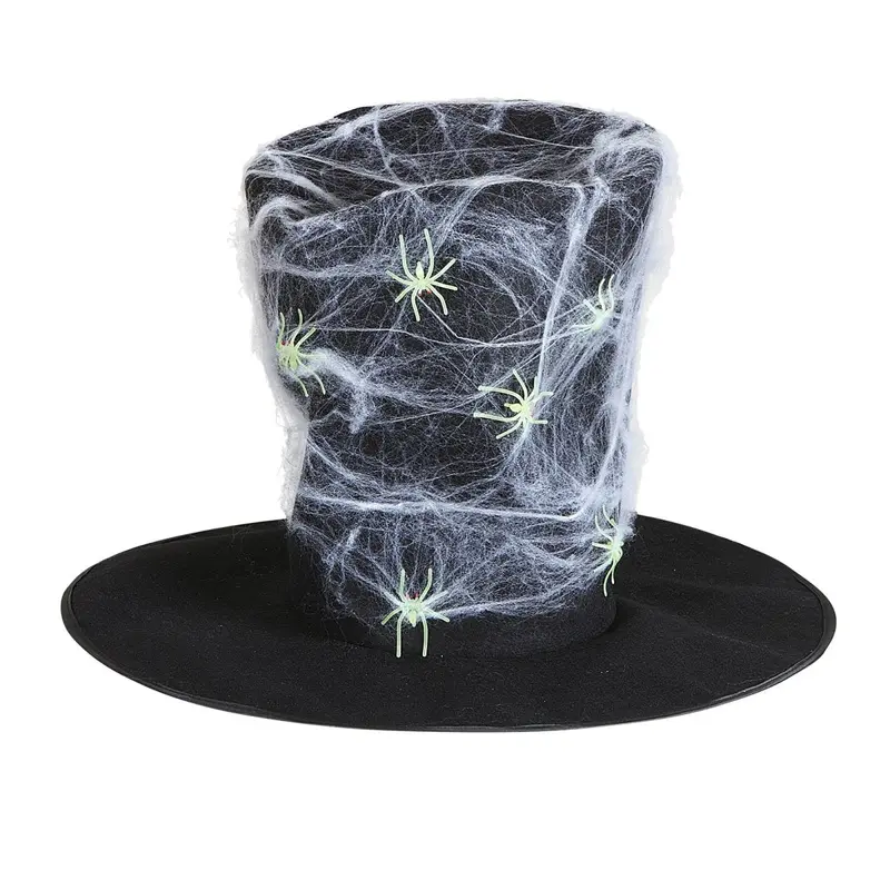 Halloween Zylinderhut | Schwarzer Hut mit Spinnennetz und Spinnen für Halloween-Kostüme und Mottopartys