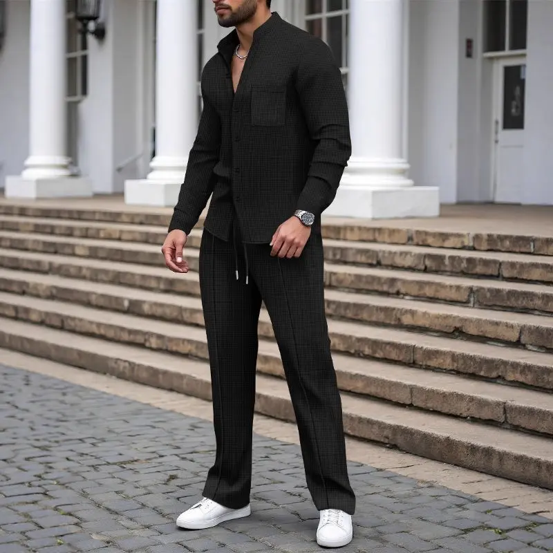 Herren 2-teiliges Waffel-Set mit Hemd & langer Hose | Atmungsaktiv, locker & modern | Versteckter Kordelzug | S–3XL