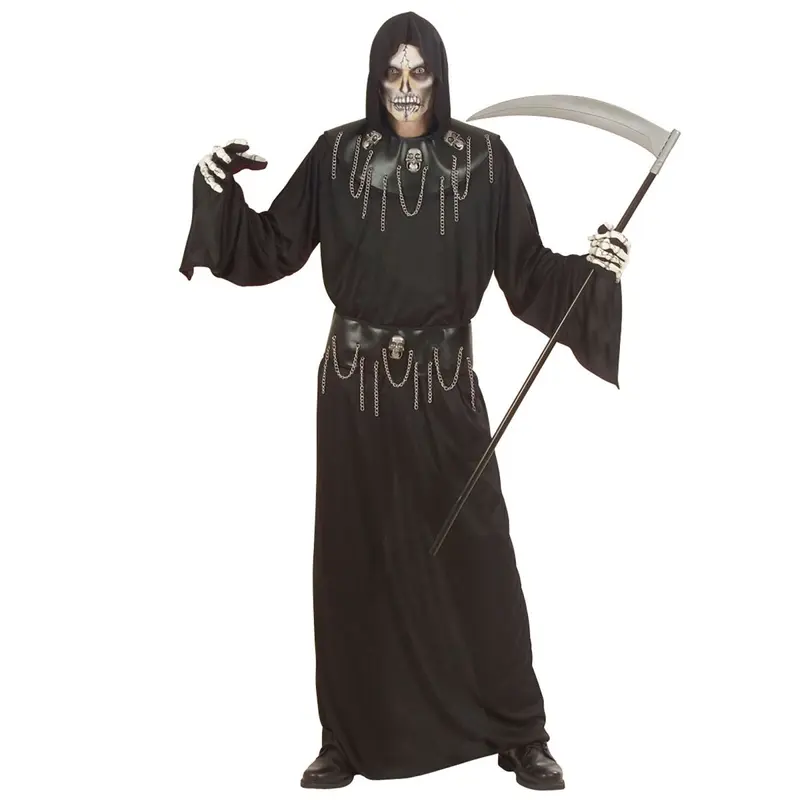 Herren Halloween Kostüm Totenkopf | 3-teiliges Meister Kostüm mit Kapuzengewand, Halskette und Totenkopf-Gürtel
