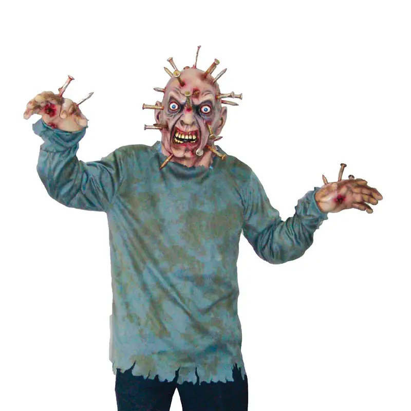 Herren Horror Kostüm mit Maske | Gruseliges Halloween Outfit mit Nägel-im-Kopf-Maske, Oberteil und Handschuhen für Mottoparty