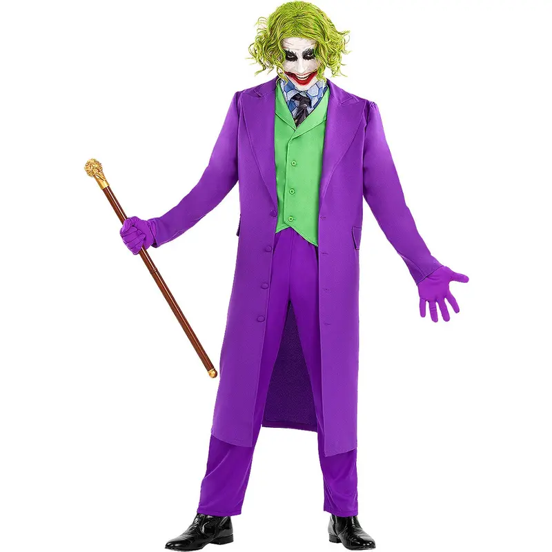 Herren Joker Kostüm Lila Grün | The Dark Knight Halloween Kostüm mit Mantel, Weste, Krawatte, Hose und Handschuhen