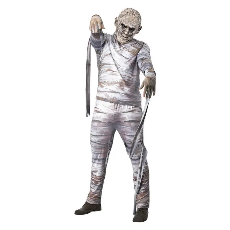 Herren Mumien Kostüm Grau Braun | 3-teiliges Halloween Kostüm mit Oberteil, Hose und Mumienmaske für Horrorparty