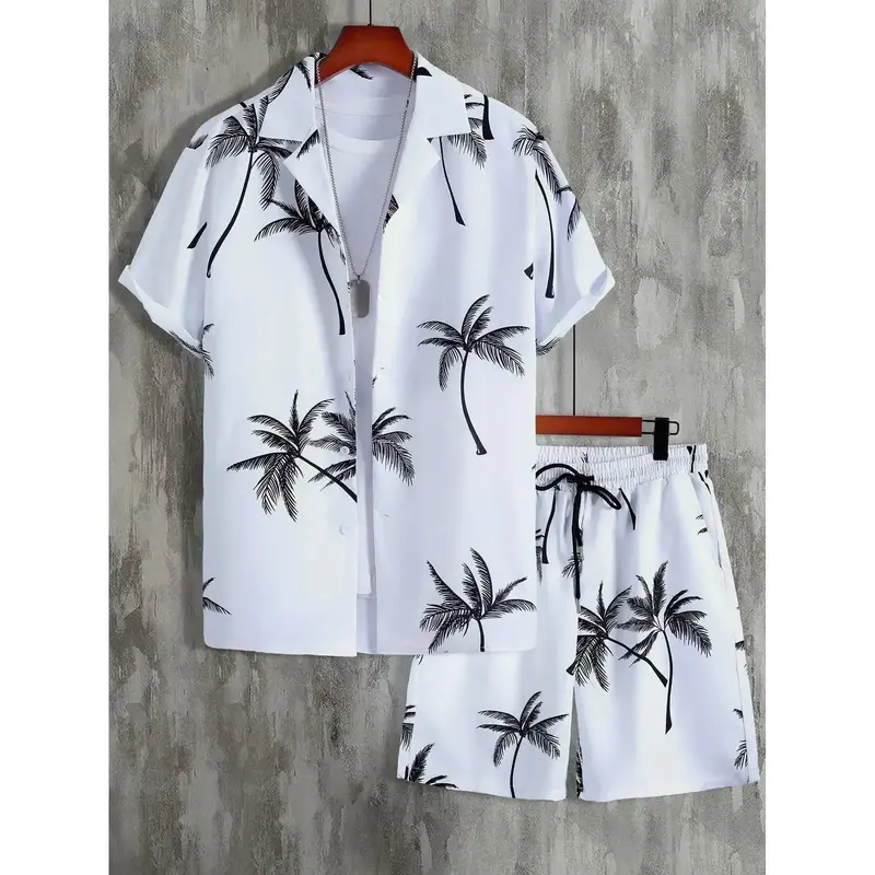 Herren Sommer Set mit Hawaii-Muster | Zweiteiler aus leichtem Polyester | Freizeit Outfit für Urlaub & Strand
