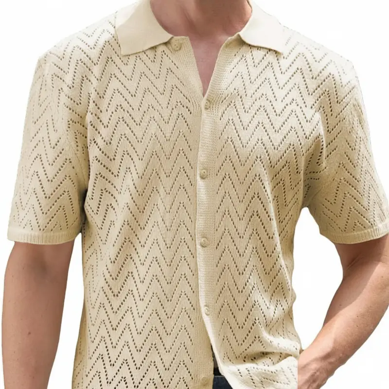 Herren Sommer Shirt Kurzarm Polyester mit Hohlmuster | Lockerer Freizeit-Look | Atmungsaktives Hemd für Urlaub und Alltag