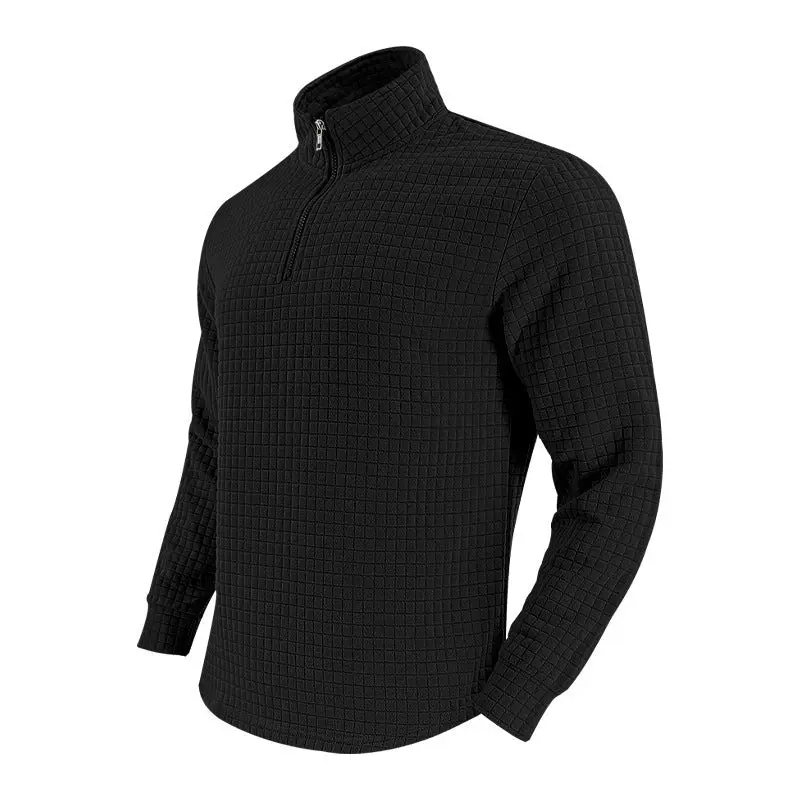 Herren Stehkragenpullover mit Reißverschluss | Strukturiertes Karomuster und atmungsaktiver Stoff für Büro, Alltag und Freizeit