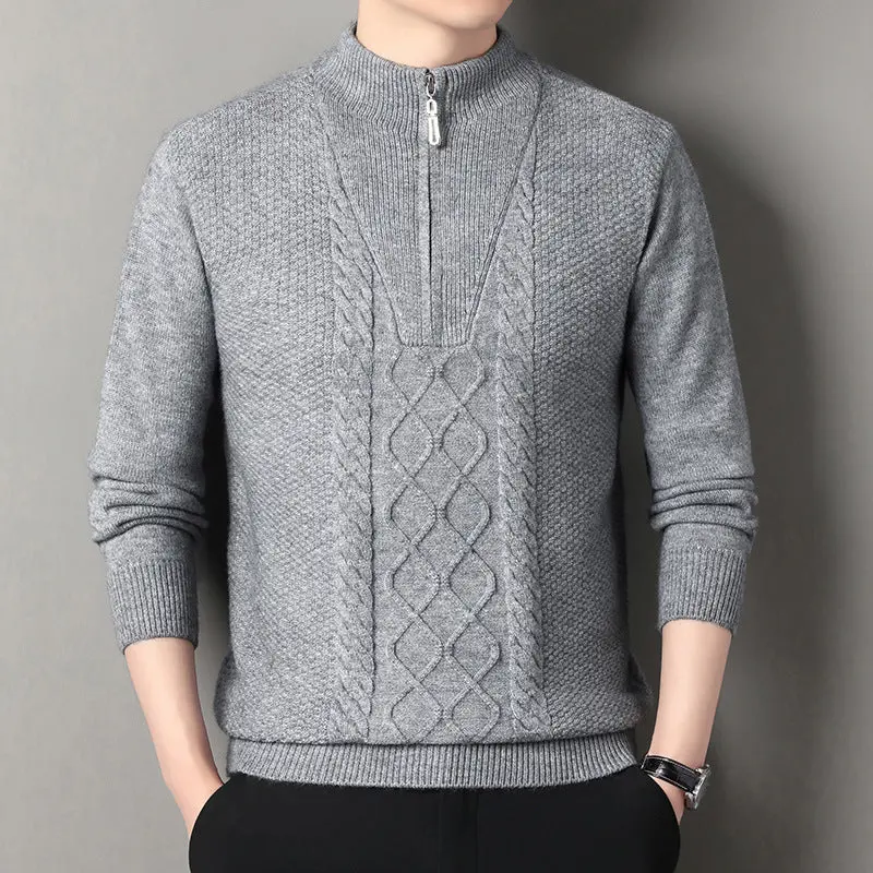 Herren Strickpullover mit Zipper | Weicher Pullover mit hohem Kragen und Kabelmuster für Freizeit, Büro und kühle Tage