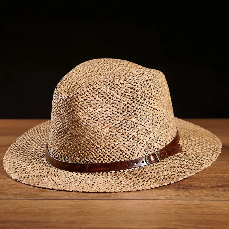 Herren Strohhut Natur | Fein geflochtener Trachtenhut mit braunem Lederband, Schnalle und breiter Krempe