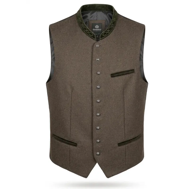 Herren Trachtenweste Oliv | Slim Fit Weste mit Stehkragen, Stickerei, Taschen und verstellbarem Rückenriegel