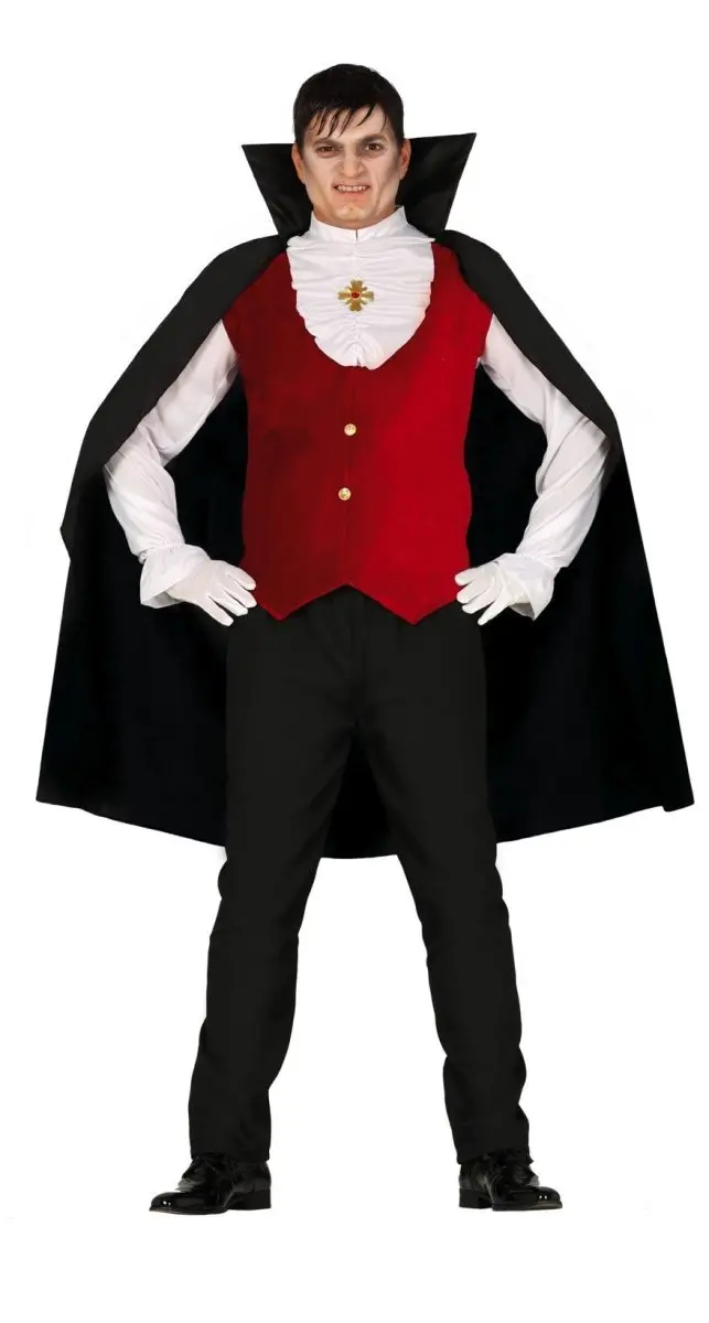 Herren Vampir Kostüm | 3-teiliges Halloween Kostüm mit Hemd, Weste, Jabot, Umhang und Hose für Horrorpartys