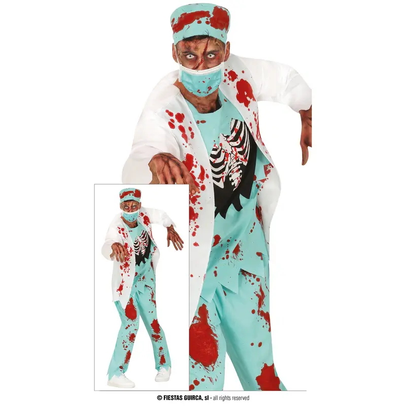 Herren Zombie Chirurg Kostüm Blau | Blutiges Halloween Kostüm mit Jacke, Skelett-Shirt, Hose, OP-Mütze und Maske