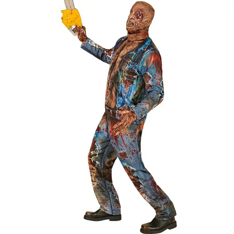 Herren Zombie Kostüm Blau Braun | 4-teiliges Halloween Kostüm mit Jacke, Hose, Handschuhen und Latexmaske im Biker-Look