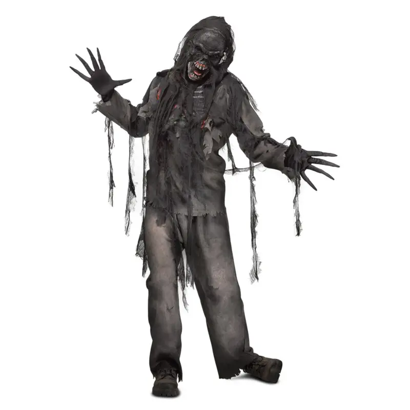 Herren Zombie Kostüm Schwarz | 4-teiliges Halloween Kostüm mit Shirt, Hose, Handschuhen und Maske im verkohlten Look
