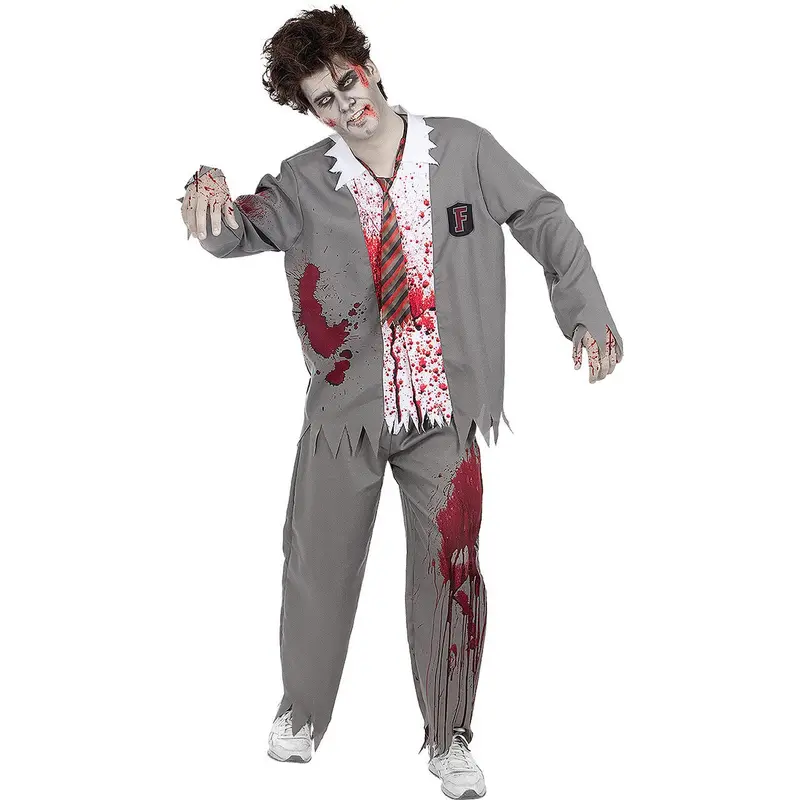 Herren Zombie Schüler Kostüm Grau | 2-teiliges Halloween Kostüm mit Schuluniform, Blutflecken und zerrissenen Details