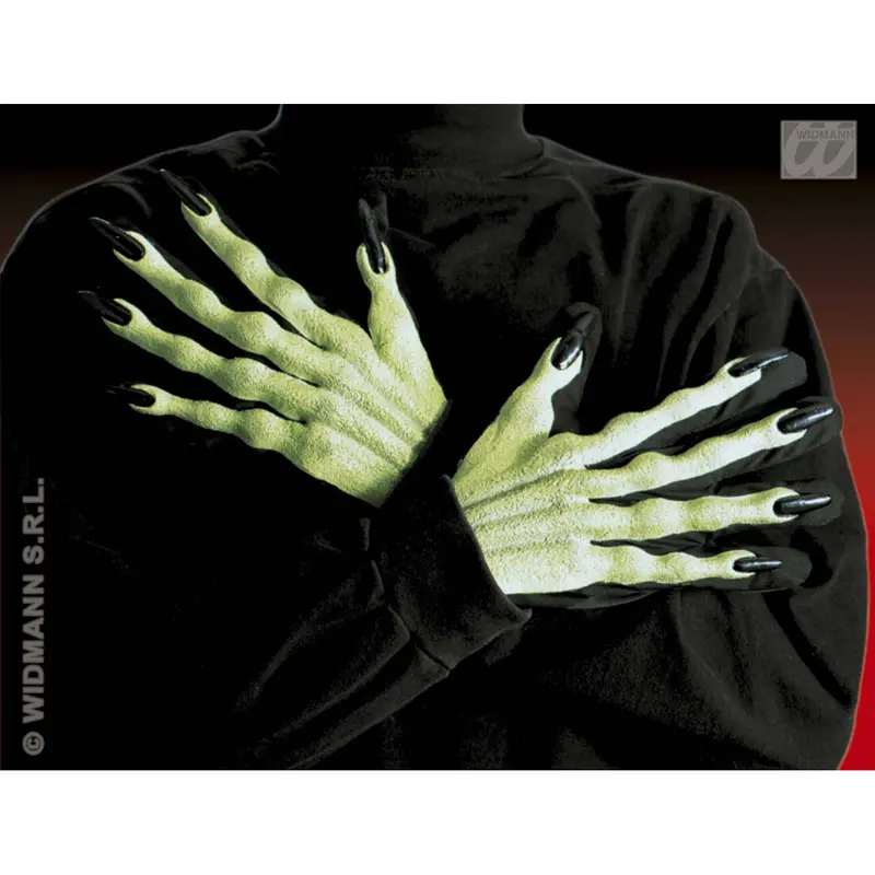 Hexenhandschuhe Grün mit schwarzen Krallen | 3D Hexen Hände für Halloween Kostüm, Horrorparty, Karneval und Mottoparty