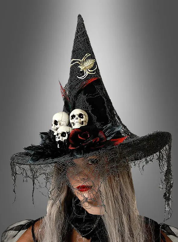 Hexenhut Damen mit Totenköpfen | Schwarzer Hexenhut mit Skelett-Spinne, Blumen und Schleier für Halloween und Hexenkostüme