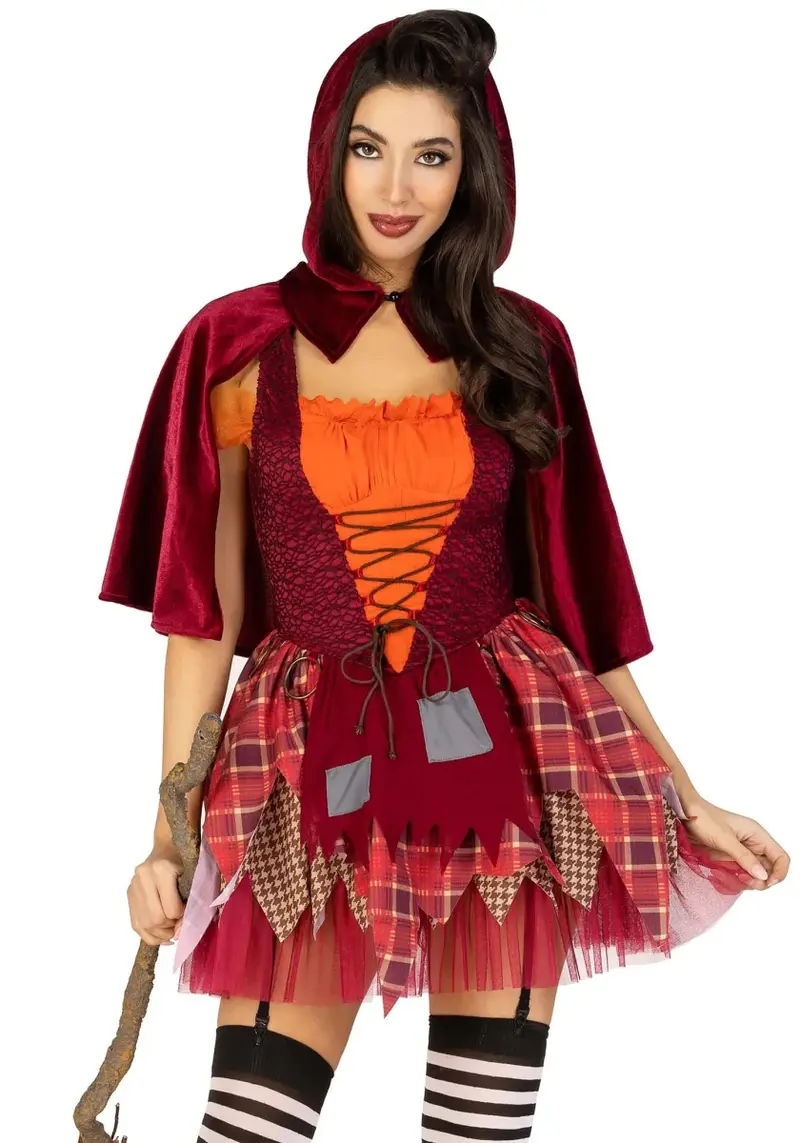 Hexenkostüm Damen 2-teilig | Halloween-Kostüm mit Patchwork-Kleid, Schnürung und Kapuzenumhang für Mottopartys