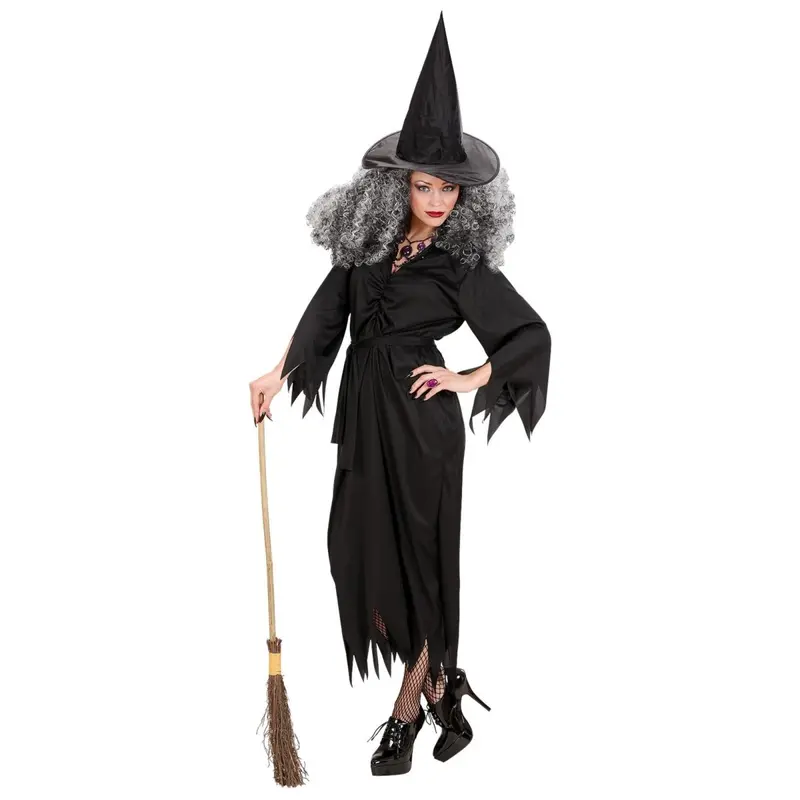 Hexenkostüm Damen 3-teilig | Schwarzes Halloween-Kostüm mit Kleid, Gürtel und Hexenhut für Halloween-Partys