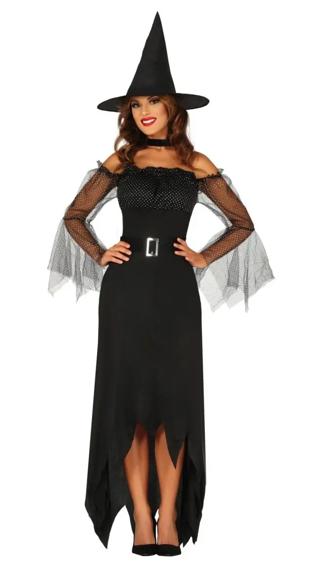 Hexenkostüm Damen | Halloween-Kostüm mit schwarzem Kleid und Hexenhut für Halloween-Partys und Mottopartys