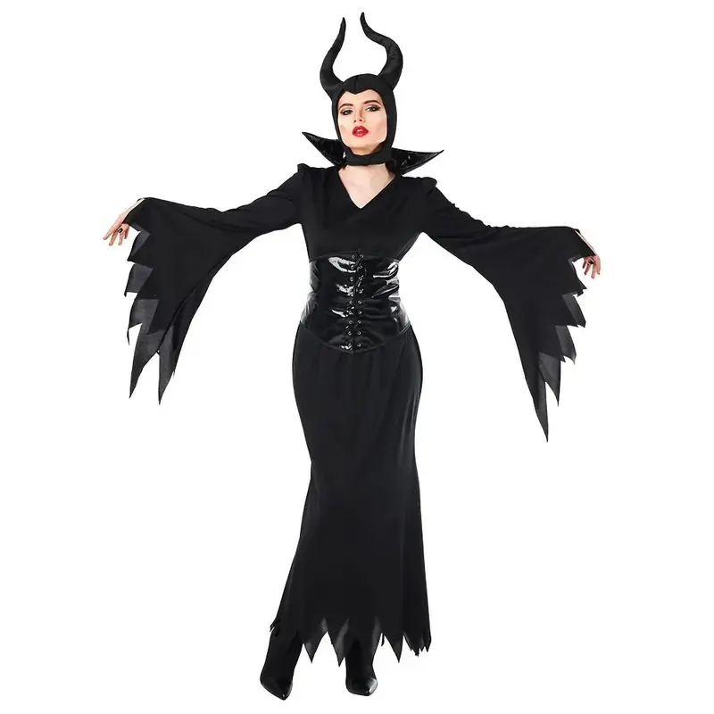 Hexenkostüm Damen | Schwarzes Halloween-Kostüm mit Kleid, Korsett und Kopfschmuck für Halloween-Partys