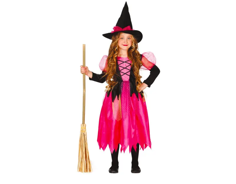 Hexenkostüm Kinder | Rosa Halloween-Kostüm mit Hexenkleid und Hut für Halloween- und Mottopartys