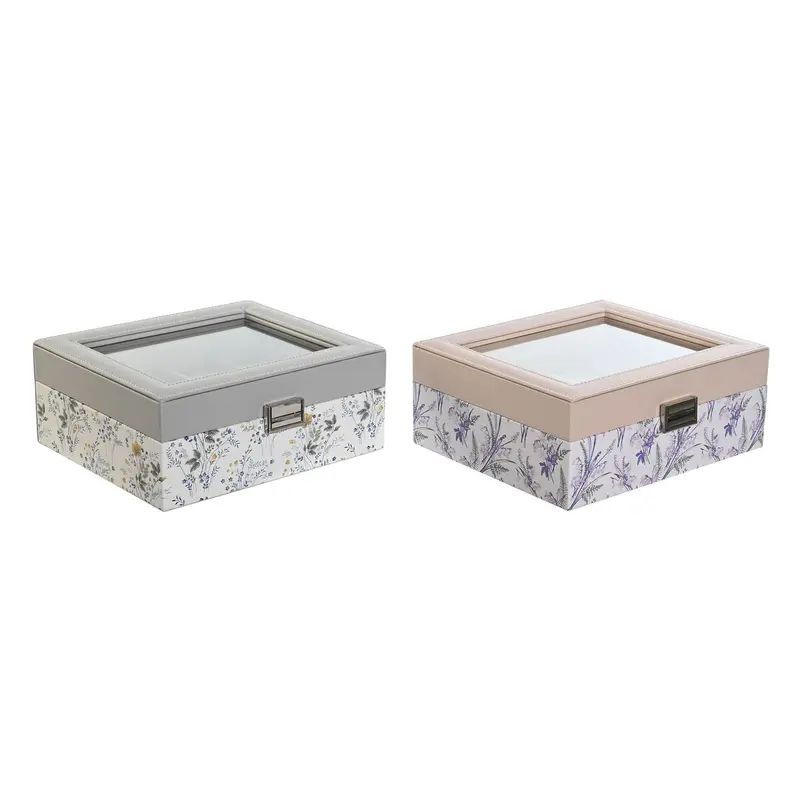 Horlogedoos DKD Home Decor Wit Grijs Lila Licht Roze PVC Kristal 22,5 x 19,5 x 9,5 cm (2 Stuks)