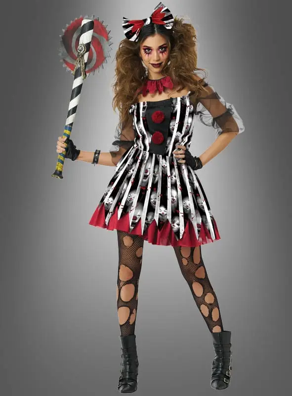 Horror Clown Kostüm Damen | Schwarz-weiß-rotes Clownkleid mit Unterrock, Rüschenkragen und Haarreif für Halloween