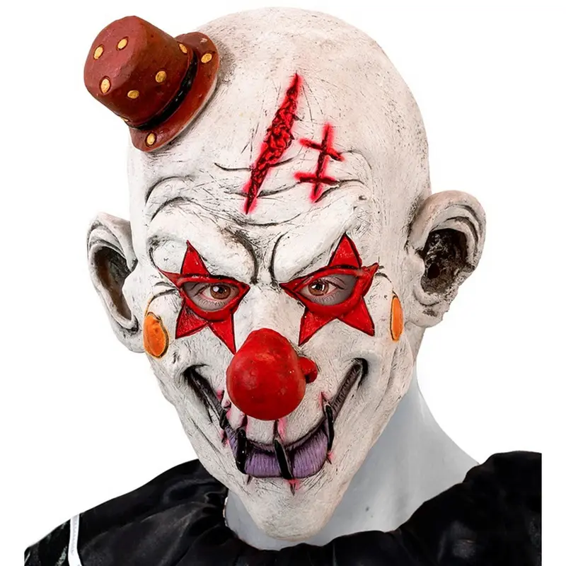 Horror Clown Maske Weiß Rot | Gruselige Clownmaske mit roter Nase, Minihut und Narbenoptik für Halloween und Mottoparty