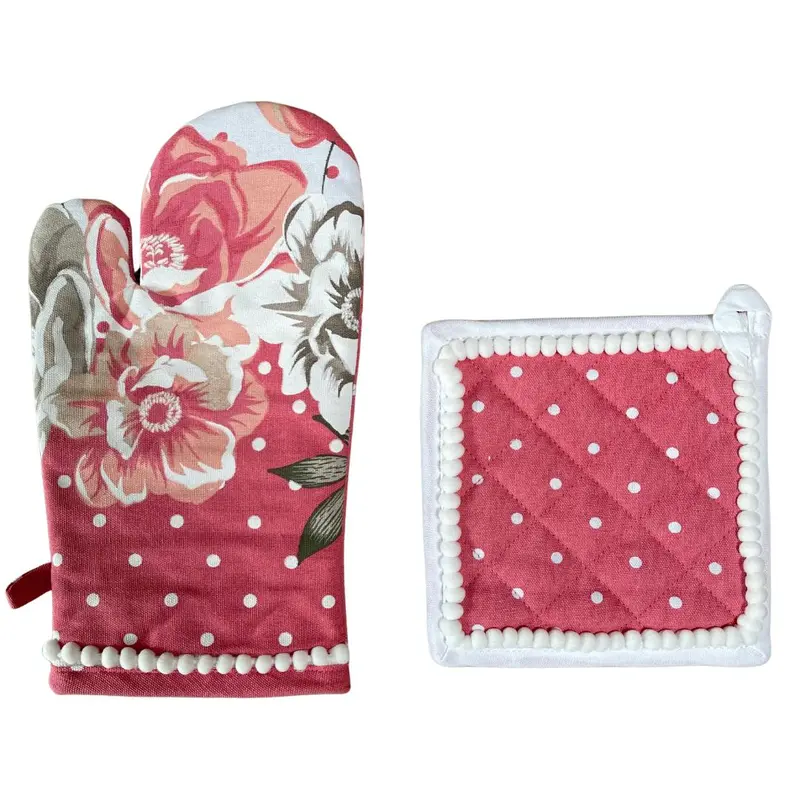 Italiaanse Ovenwant met pannenlap Rosa - Rozen met Pompoms