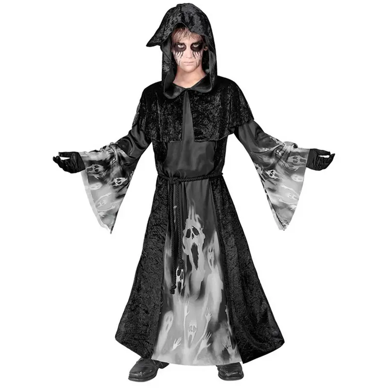 Jungen Sensenmann Kostüm Schwarz Grau | Halloween Kapuzengewand mit Schreiende-Seelen-Motiv und ausgestellten Ärmeln