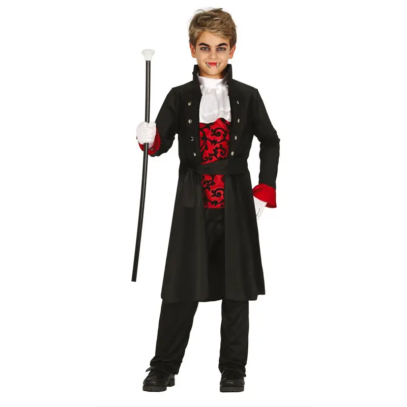 Jungen Vampir Kostüm Schwarz | 3-teiliges Halloween Graf Kostüm mit Jacken-Shirt, Jabot und Hose für Grusel-Mottopartys