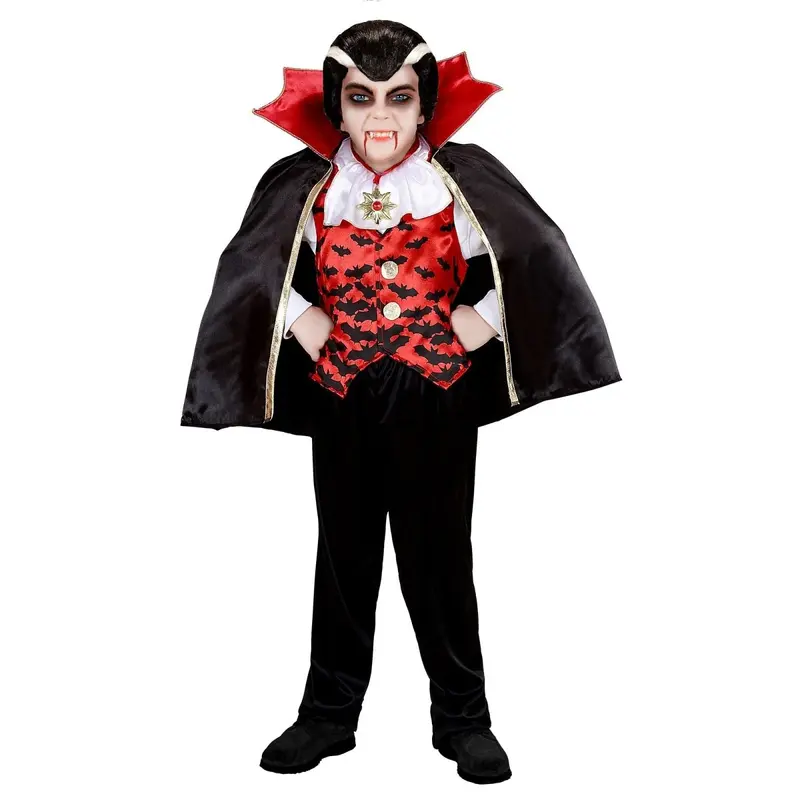 Jungen Vampir Kostüm Schwarz Rot | 3-teiliges Halloween Kostüm mit Weste, Jabot, Hose und Umhang für Mottopartys