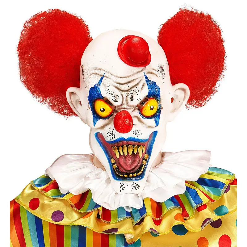 Killerclown Maske Rot Weiß | Horror Clown Maske mit roten Haaren, Minihut und gruseligen Zähnen für Halloween und Mottoparty