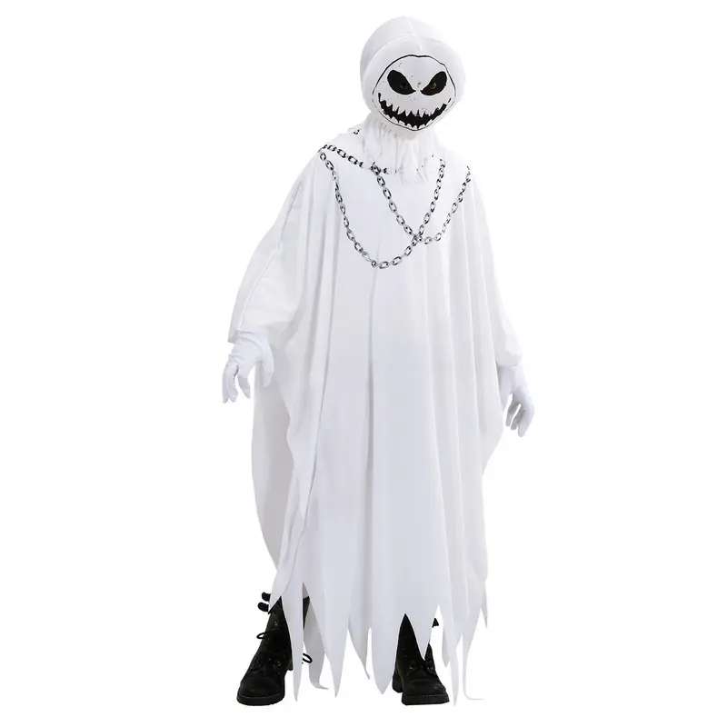 Kinder Geisterkostüm Weiß | Gruseliges Halloween Gespenst Kostüm mit Kapuze, Geistermaske und Ketten-Details für Mottoparty