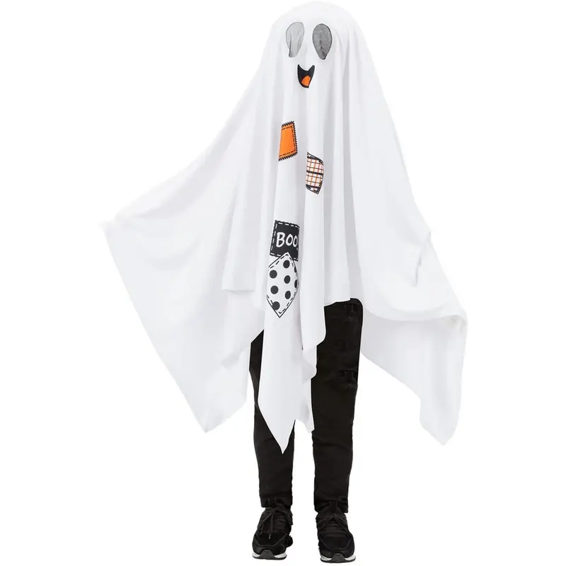 Kinder Geisterkostüm Weiß | Halloween Gespenst Kostüm mit Überwurf, Geistergesicht und asymmetrischem Saum für Mottoparty