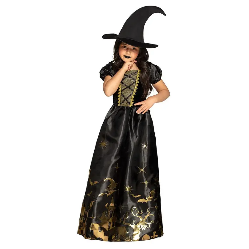 Kinder Hexenkostüm Gold | 2-teiliges Spooky Halloween Kostüm mit Kleid und Hexenhut für Karneval und Mottopartys