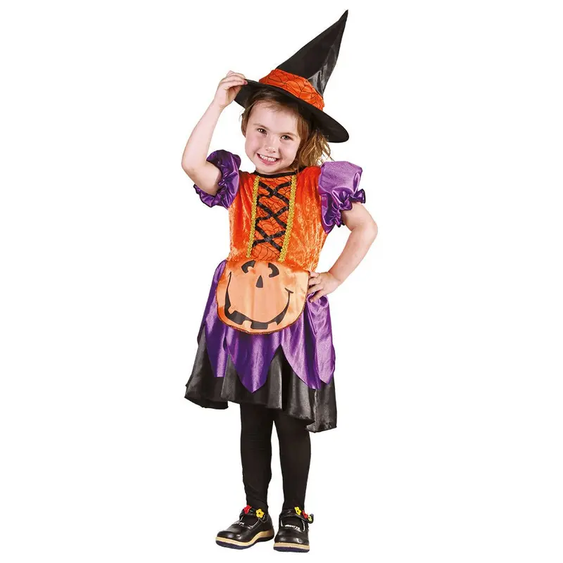 Kinder Hexenkostüm Kürbis | 2-teiliges Halloween Kostüm mit Kleid und Hexenhut für Kinder 3–4 Jahre und Mottopartys