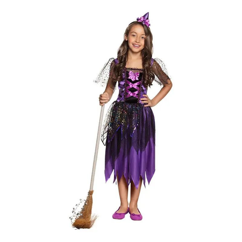 Kinder Hexenkostüm Lila Glitzer | 2-teiliges Halloween Kostüm mit Kleid und Tiara für Karneval und Mottopartys