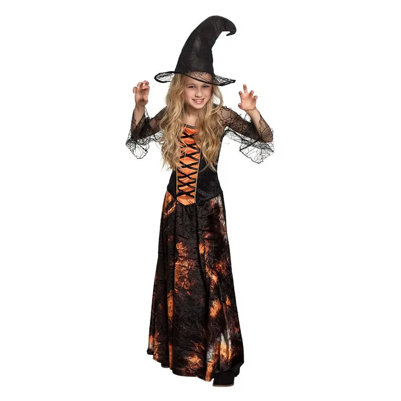 Kinder Hexenkostüm Orange | 2-teiliges Halloween Kostüm mit Kleid und Hexenhut für Halloween, Karneval und Mottoparty