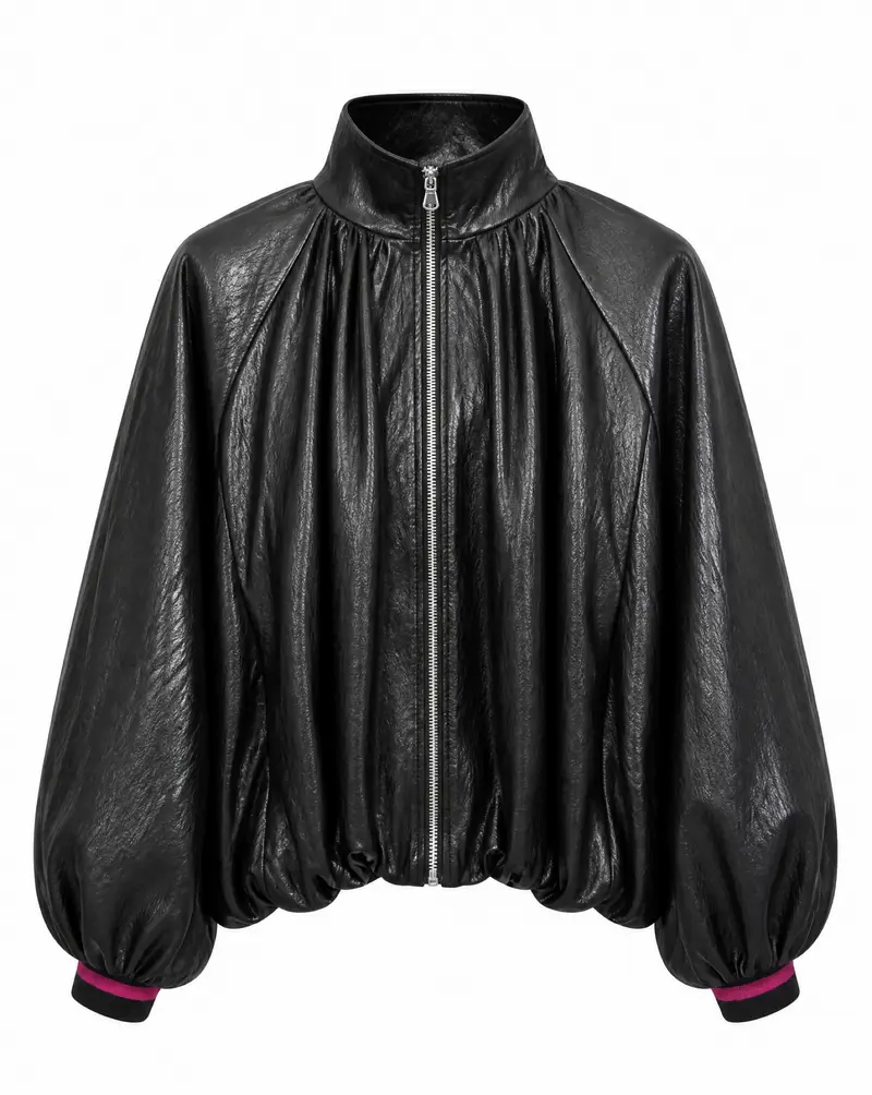 Kunstlederjacke | Locker geschnitten mit Stehkragen und Ballonärmeln