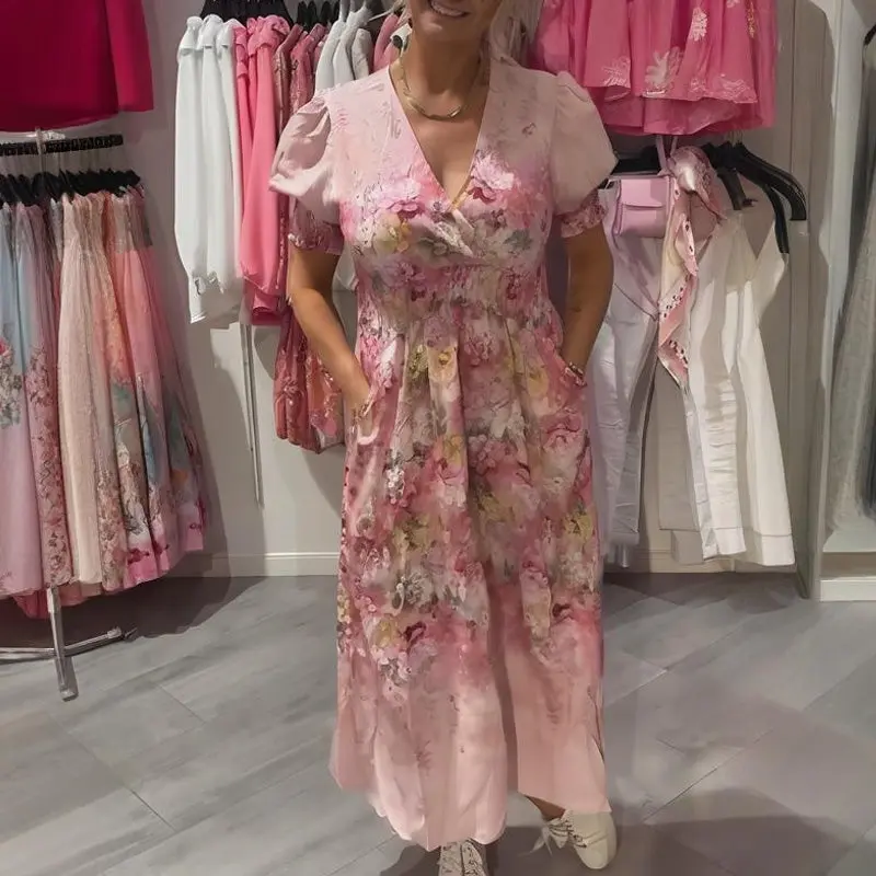 Langes Kleid in Rosa/Lila mit V-Ausschnitt & floralem Muster | Puffärmel, luftig & elegant | für Hochzeit, Party & Alltag