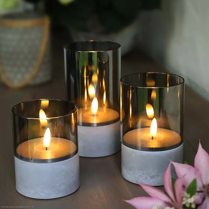 LED Kerzen Betonoptik 3er Set für außen | Warmweiß mit Flackereffekt und Timer | Ø 8 cm, batteriebetrieben und wetterbeständig
