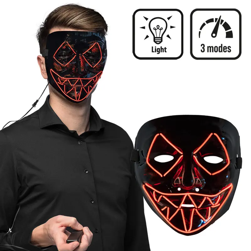 LED Maske Rot Schwarz | Leuchtende Halloween Maske mit Killer-Lächeln und 3 Lichtmodi für Horrorparty und Mottoparty