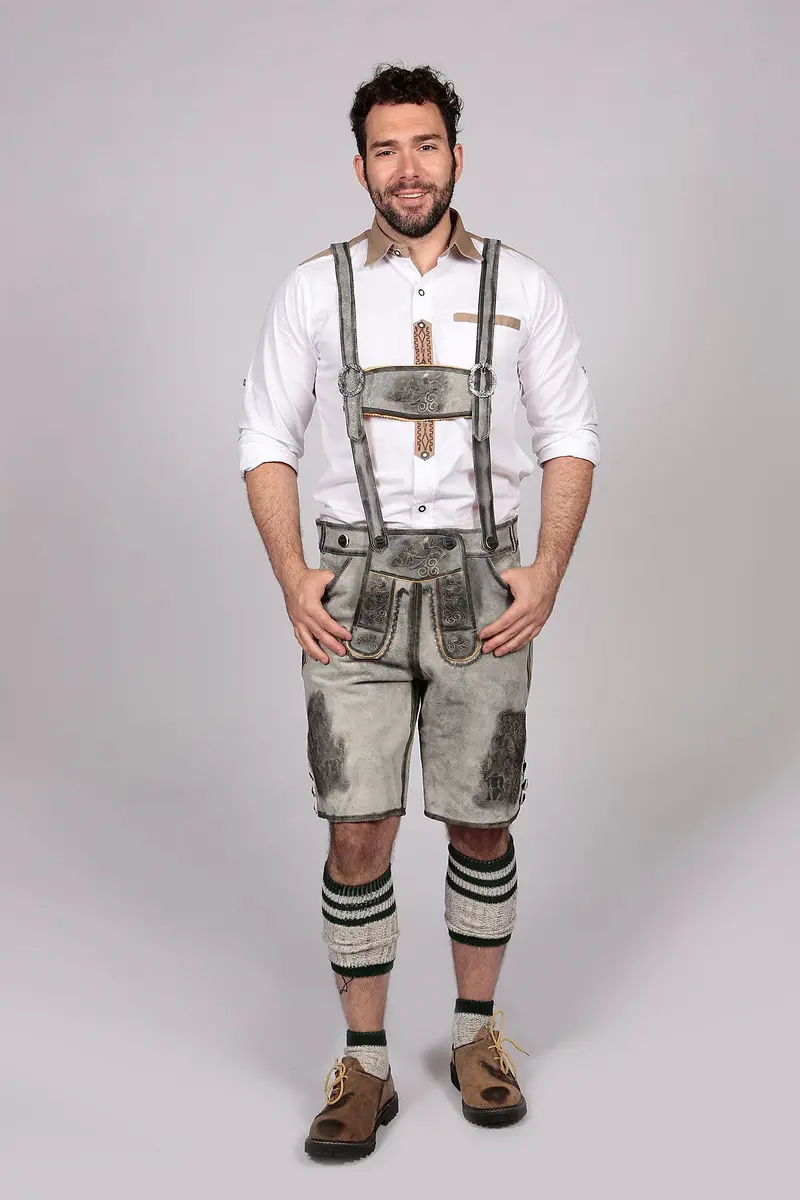 Lederhose Herren kurz | Graue Trachtenlederhose mit Stickerei und verstellbaren Hosenträgern für Oktoberfest